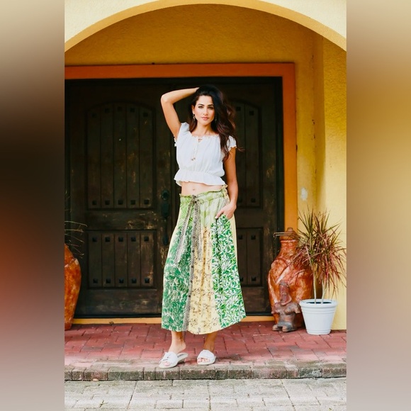 Bohemian Jungle Dreams Button down vegan cotton Green and Yellow Patchwork Skirt - Picture 2 of 4